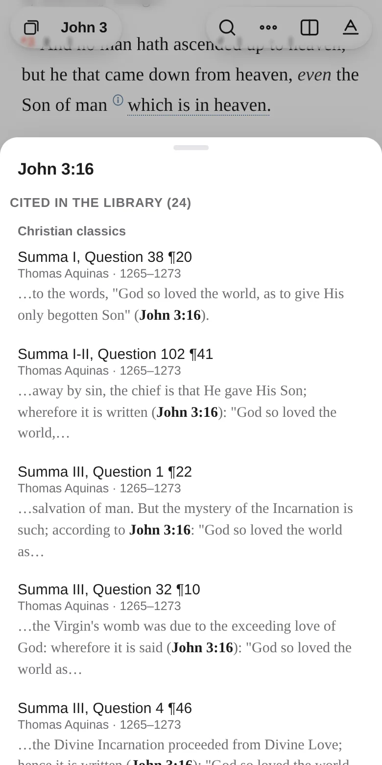 John 3:16 selected, and a panel “Cited in the library (24)” listing where Thomas Aquinas quotes the verse in the Summa.