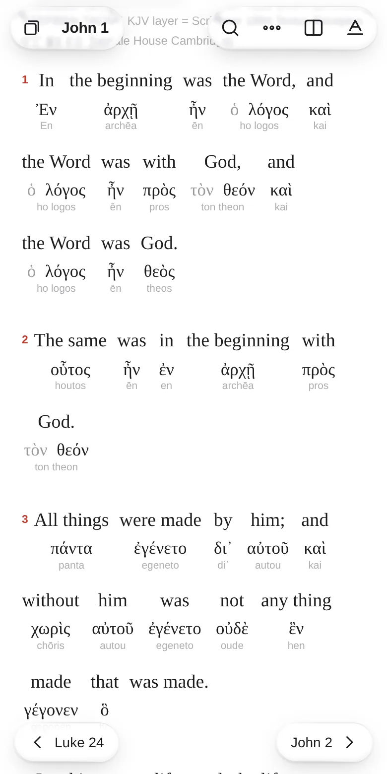 John 1 with the interlinear on: each English phrase has the Greek word beneath it and its transliteration beneath that.