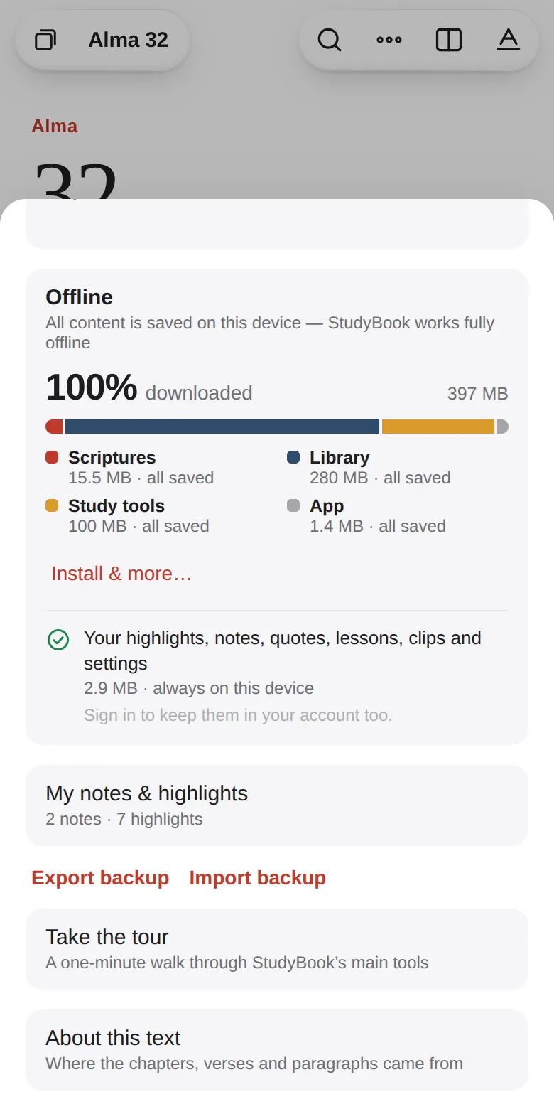 Settings, Offline: 100% downloaded, 397 MB, split into scriptures, library, study tools and the app, with your own notes always on the device.