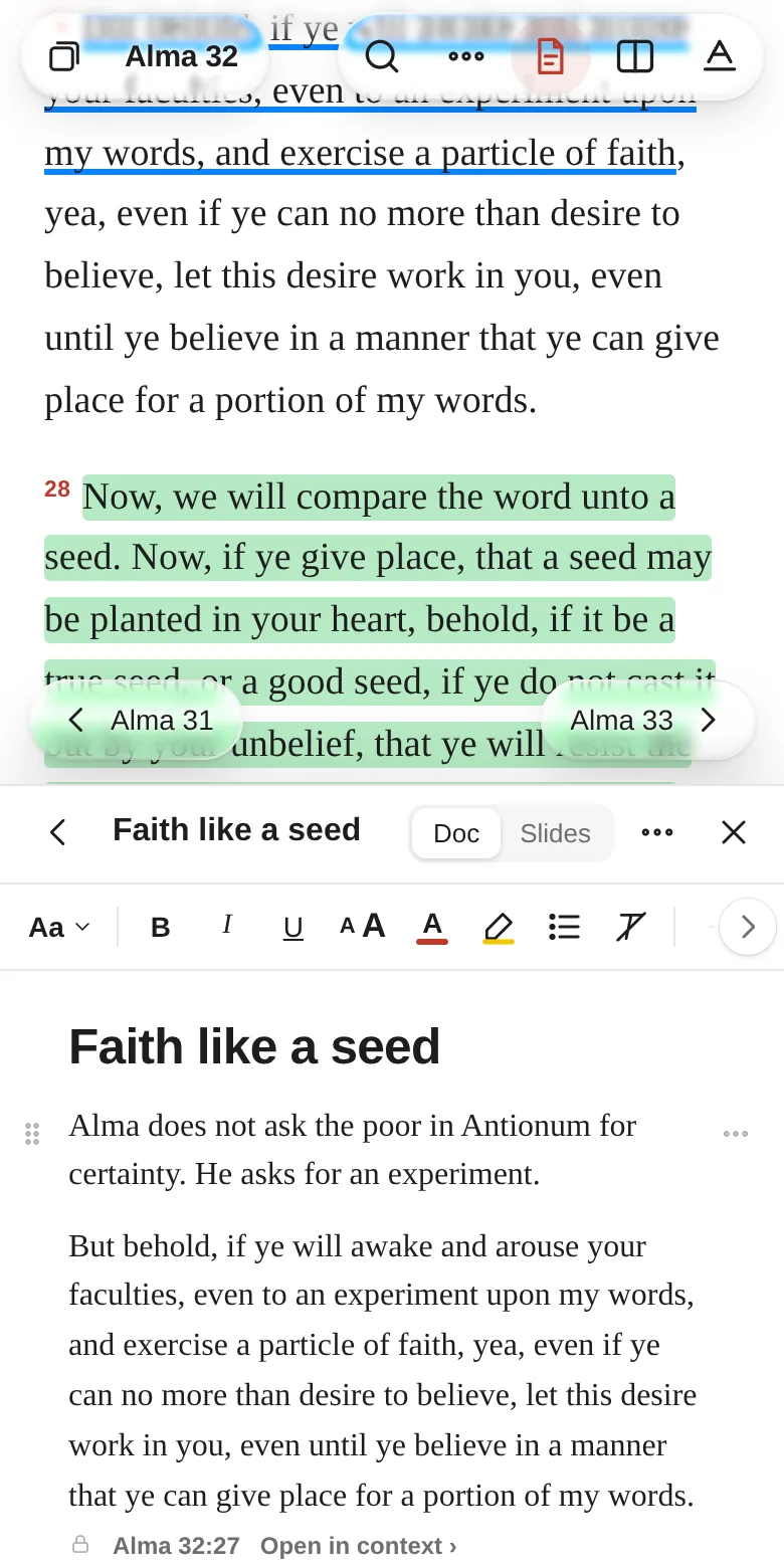 Lessons & Journal under Alma 32: a lesson titled “Faith like a seed” with a paragraph and the quoted words of Alma 32:27.